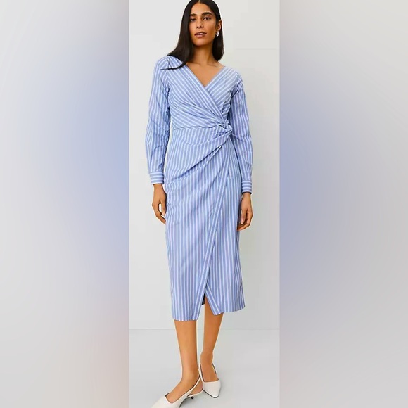 Ann Taylor Blue and White Striped/Long Sleeve Wrap/Midi Shirt Dress/Size 8 - Picture 2 of 6